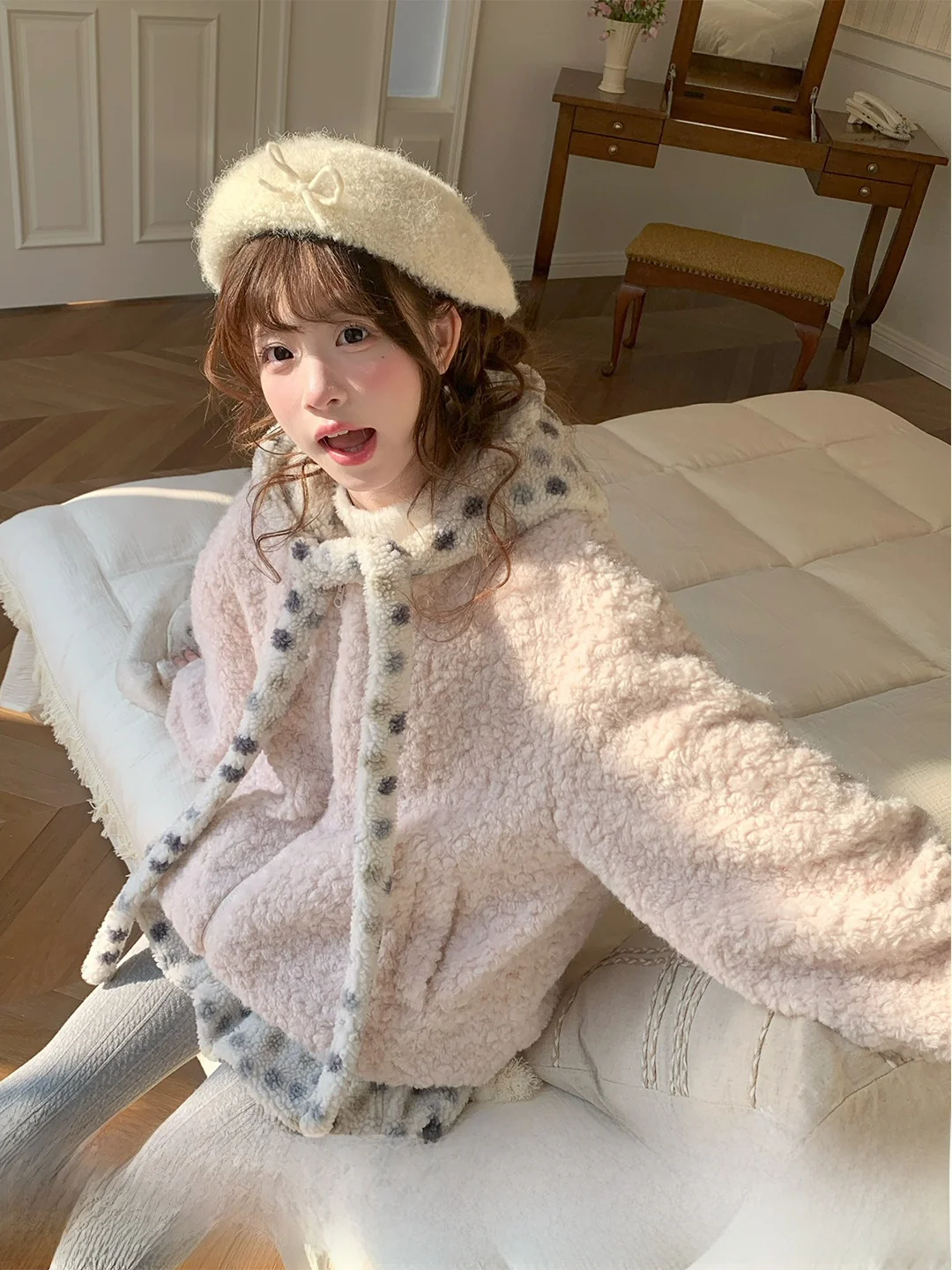 

Sinsingirl Spring Plaid Polka Dot Fluffy Jacket And Shorts Set Women's Soft Cozy Hat Coat Floral Print Zipper Closure Two-Pie...