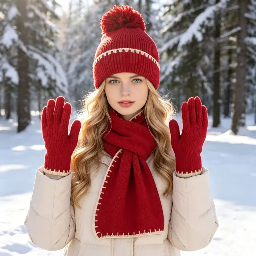 3pcs Knited Neck Scarf Gloves Cap for Women Winter Thicken Warm Beanies Hat Outdoor Ear ProtectionColdproof  Skiing Skull cap