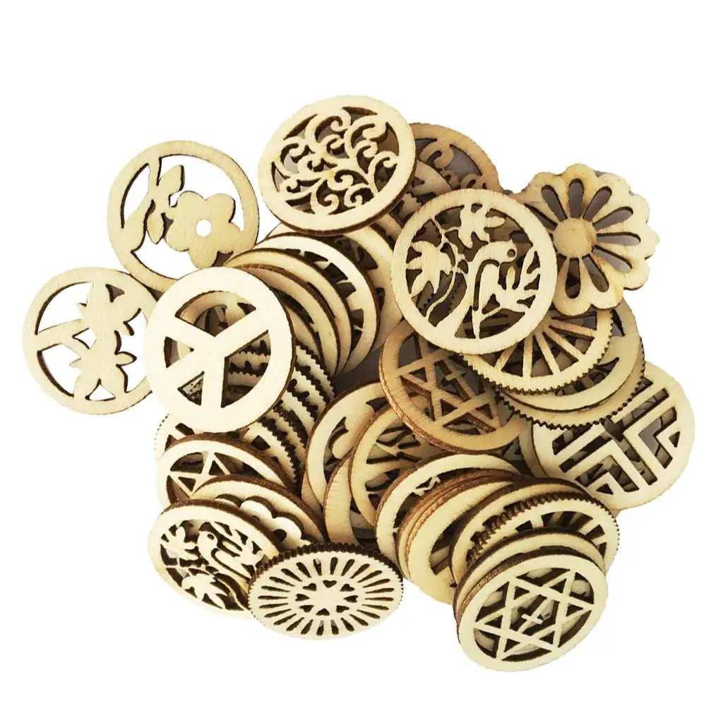 100pcs Mixed Laser Cuts Wood Round Shapes Embellishments for DIY Craft Decor