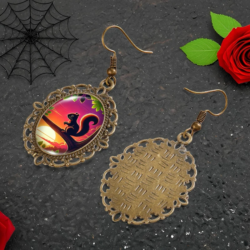 Lovely Squirrel on the Tree Sunset Picture Oval Glass Cabochon Flower Shaped Fish Hook Earrings Handmade Gifts