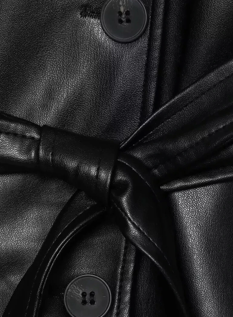 New Women Fashion Belt Imitation Leather Trench Coat Long Sleeve Short Casual Leather Coat Chic Outerwear