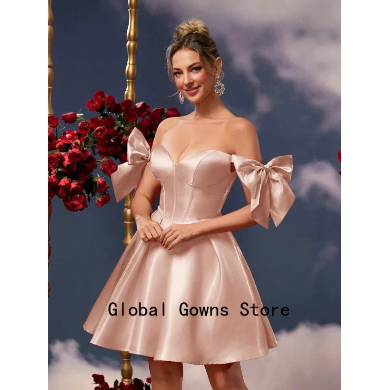 

Modern Pink Homecoming Dresses Bow Straps Off The Shoulder Prom Dresses Sweetheart Formal Birthday Party Dresses Customized