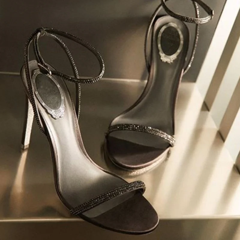 New Fashion Women Sandals Thin High Metal black Snake Ankle Strap Sandals Summer Gladiator Narrow Band Sandals Zapaotos Mujer