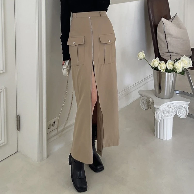 

REALEFT High Waist Vintage Front Zipper Cargo Women's Wrap Long Skirts 2025 New Double Pockets Straight A-line Skirts Female
