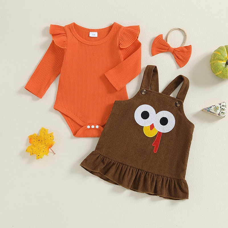 ملابس عيد الشكر للفتيات ، رومبير بأكمام طويلة ، فستان شامل ، مجموعة عصابة رأس ، ملابس الخريف ، 3 * *