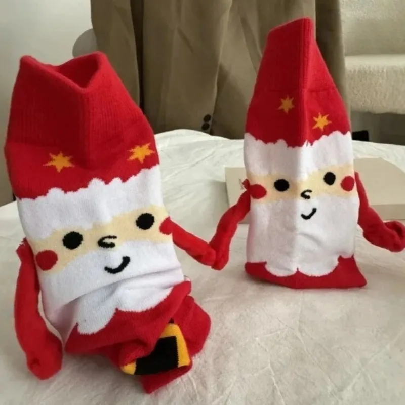 جديد الشتاء الكرتون سانتا كلوز الجوارب المغناطيسية شجرة عيد الميلاد زوجين المغناطيسي عقد الأيدي جورب الرجال النساء منتصف أنبوب جوارب قطنية #6