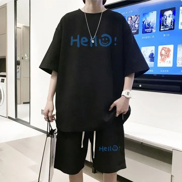 

Комплект шорт с короткими рукавами для ощущения льда, мужская летняя спортивная одежда в американском стиле ретро с повседневным костюмом-двойком снаружи