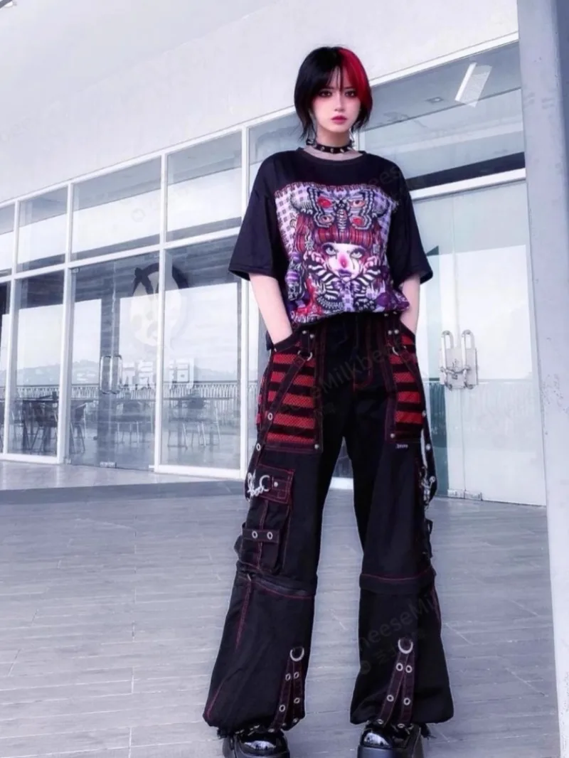 Primavera y verano japonés Punk Rock 90s subcultura Retro calle nicho diseño contraste cadena de colores monos rectos mujeres