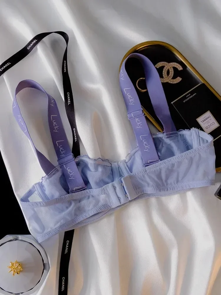 طقم حمالة صدر ولباس داخلي من الدانتيل باللون الأزرق الفرنسي المحظوظ - حمالة صدر شفافة نصف كوب، ملابس داخلية مثيرة رفيعة للغاية للنساء، ملابس داخلية رومانسية #2