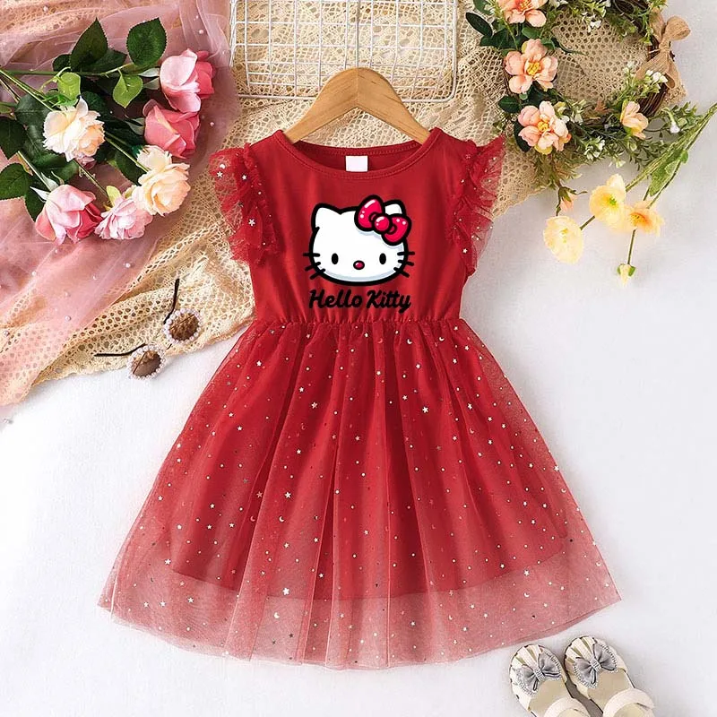 

Sanrio Hello Kitty Children Dress Cartoon Anime Frock Girls Fashion Kawaii Sequined Princess Dress Summer Clothing Gauze Skirts