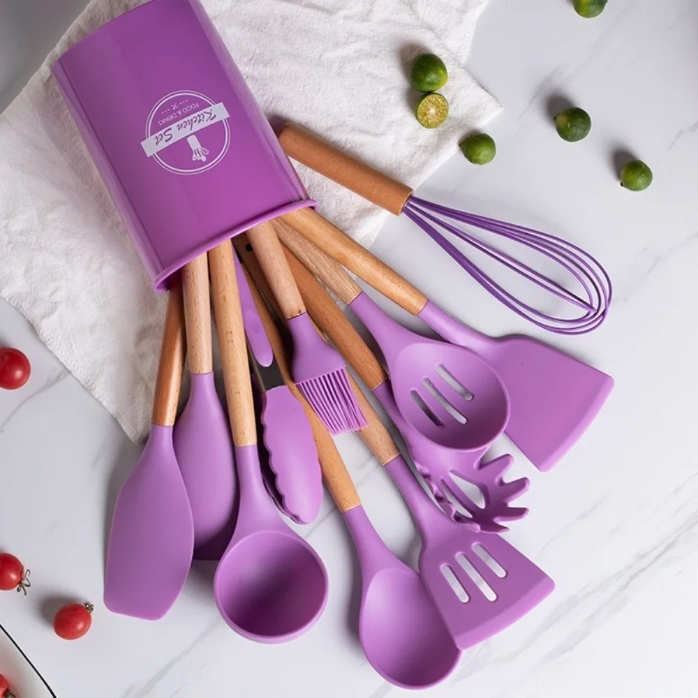 

12pcs Wooden Handle Kitchen Utensils Set Silicone Eco-Friendly Baking Shovel with Storage Bucket Heat Resistant