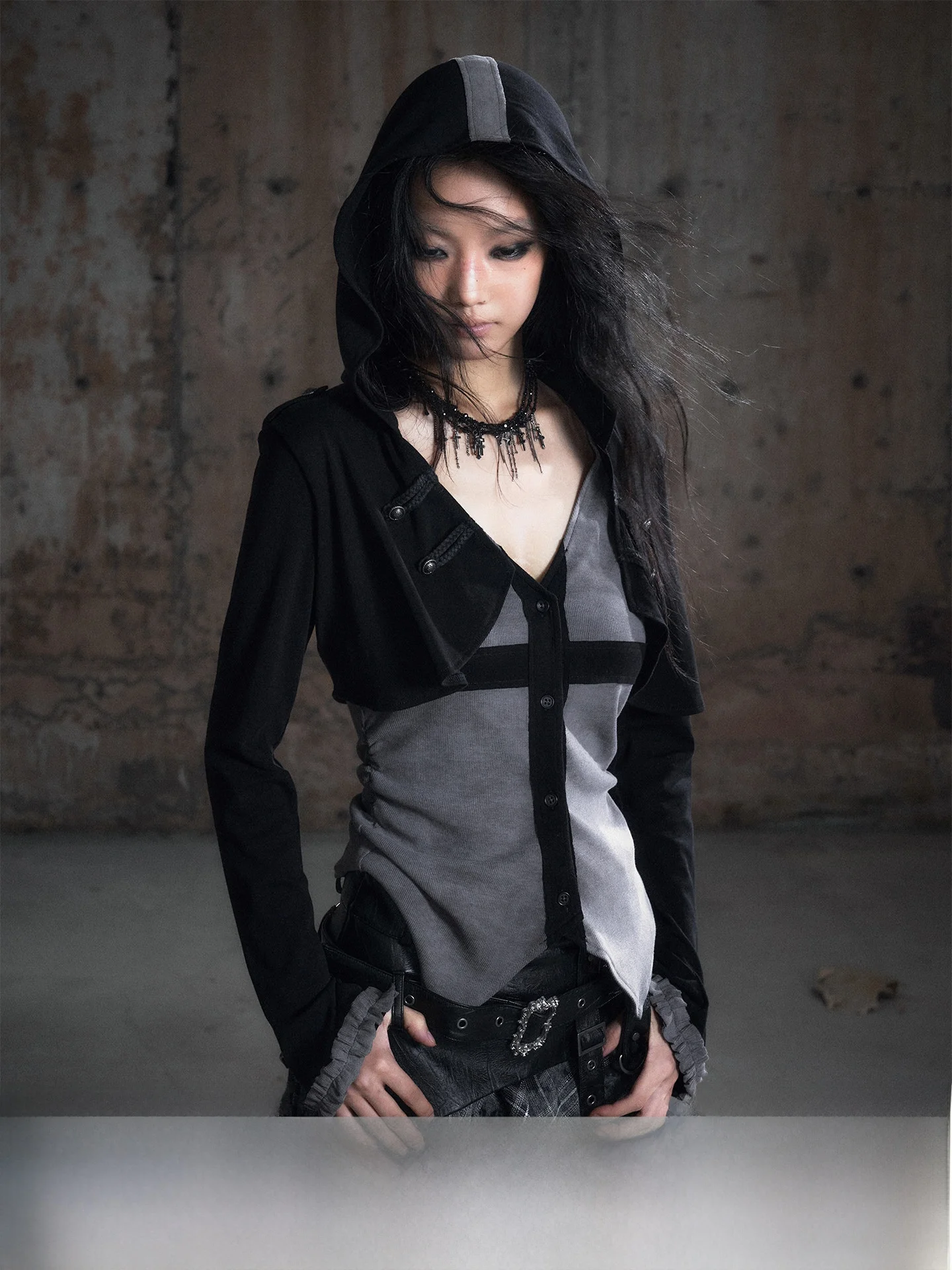 

CestNous Hooded Knitted Long Sve Bla ey Women's irt Casual Punk Sle Slim Fit Cotton Polyester Blend Spring Autumn