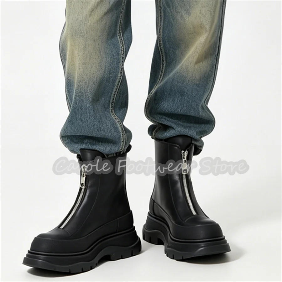 

Male Black Leather Platform Heigh Increasing Boots Front Zipper Non-Slip Casual Ankle Shoes High Top Motorcycle Boots for Men