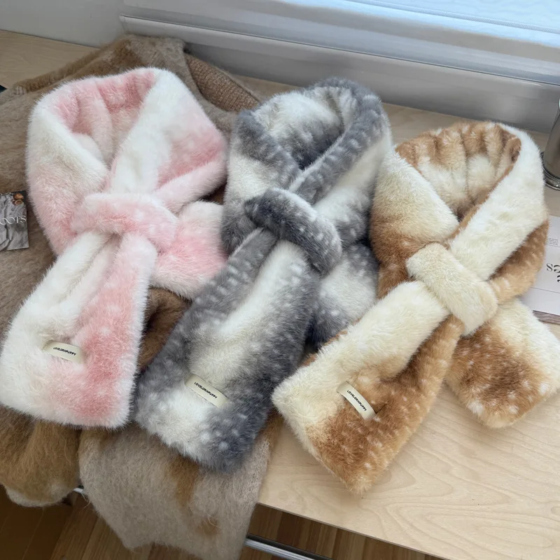 Original Cute Deer Velvet Plush Luxury Scarf New Japanese Kawaii Cross Mink Hair Thickened Winter Scarf Cute Half Finger Gloves