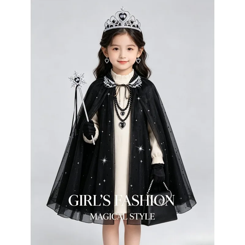 Halloween Full Accessory Set Crown Wand Necklace Earrings Gloves Handbag Gothic Black Sparkle Cape Kit Evening Dress Up Outfit