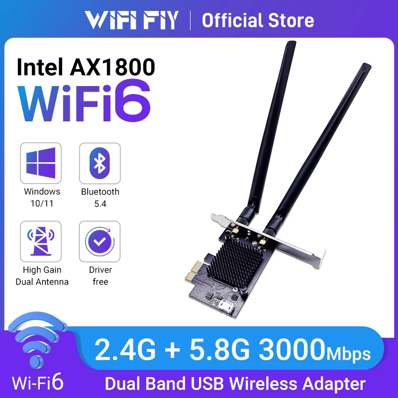 와이파이 6 PCI-E 무선 어댑터 네트워크 카드, AX1800 듀얼 밴드 2.4G/5.8GHz 802.11AX, 블루투스 5.4 데스크탑 노트북 윈도우 10/11 