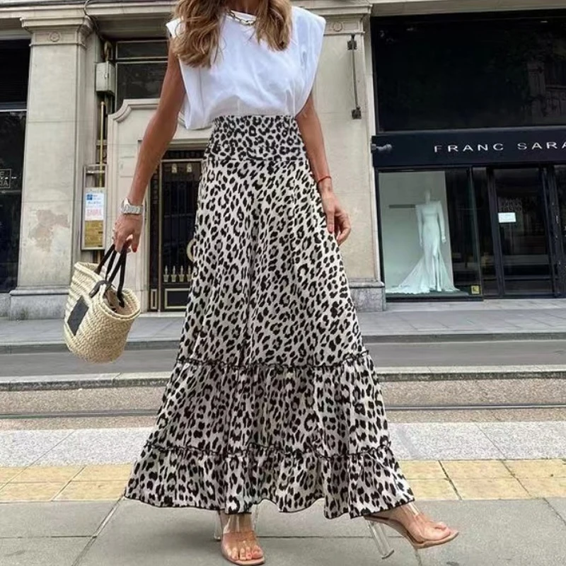 

Fashion Leopard Print Skirt for Women 2024 New Summer Big Swing Skirt High Waist A-line Long Skirts 8679