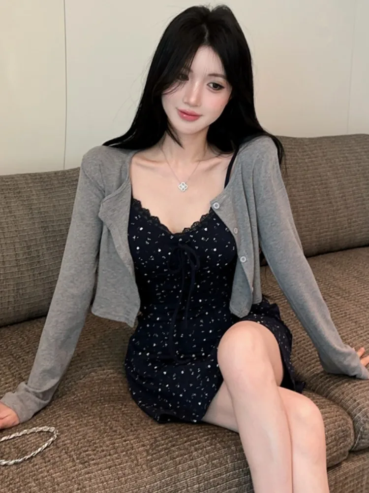 

Korean Style Sweet Spicy V-neck Short Sleeve Long Dress Two-piece Set Inner Strap Dress Skirt Casual Spring Fashion