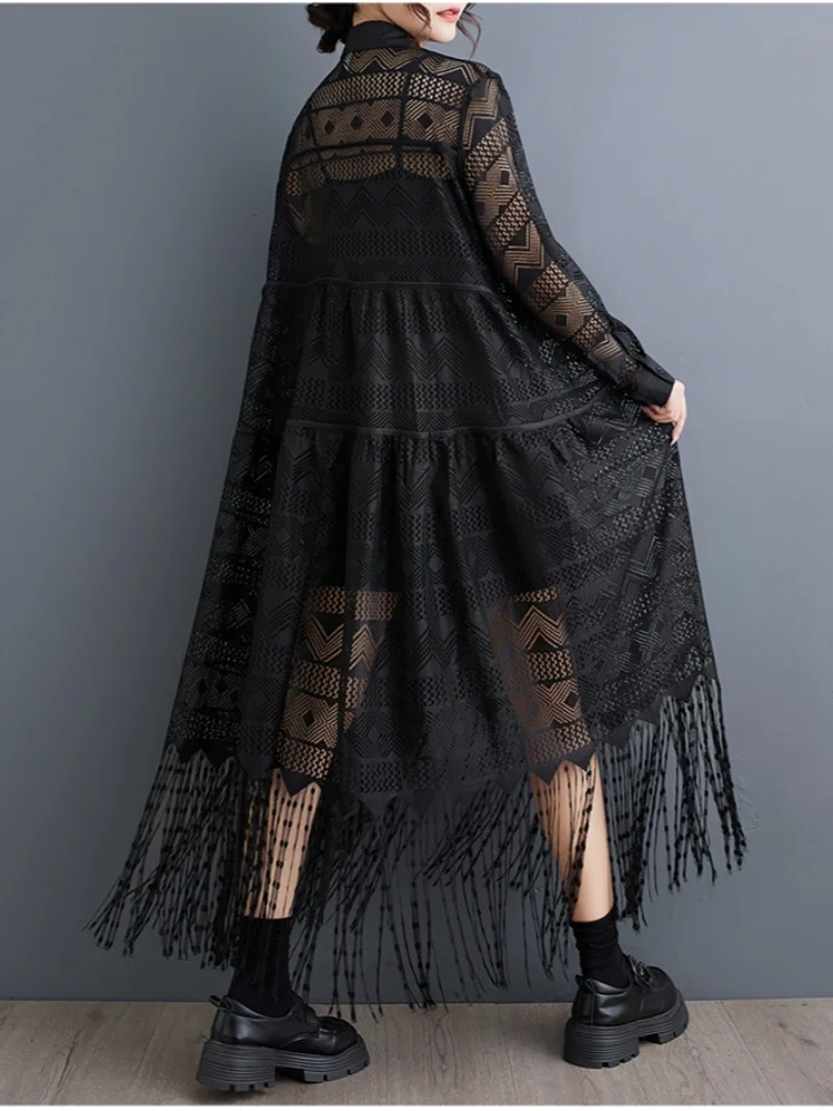 SMTHMA 2023 Nieuwe Lente Herfst Mode Stijl Kant Patchwork Lange Jurk vrouwen Zwart Veelzijdige See Through Losse Shirt Jurken