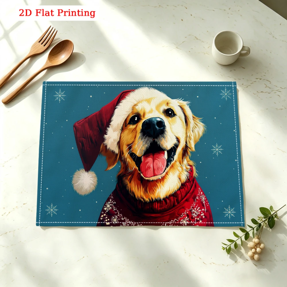 Golden Retriever Wearing Santa Hat Kitchen Placemat Coaster Linen Pad Dish Coffee Cup Table Mat 30x40cm Home Decor