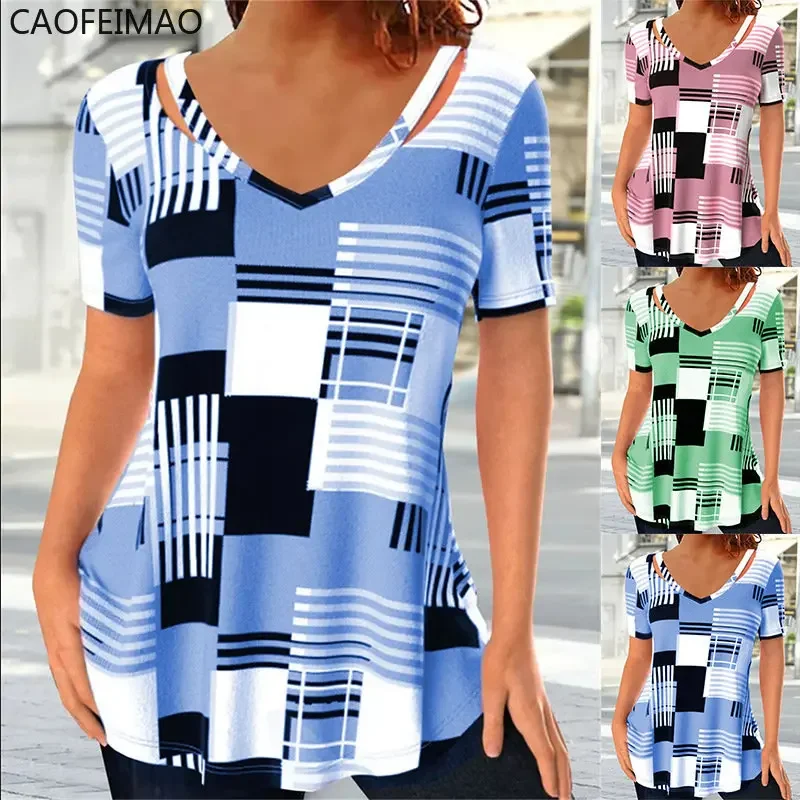 ผู้หญิงVคอเสื้อยืดแฟชั่นฤดูร้อนเสื้อStreet Stripes 3dพิมพ์เสื้อยืดขนาดใหญ่Harajuku Y2kหลวมTee 5xlหญิงเสื้อผ้า