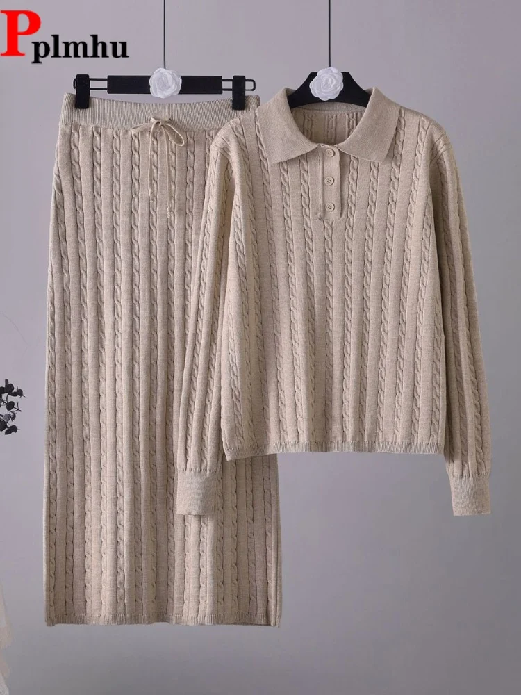 Elegante Conjunto Casual de Suéter con Cuello Polo para Mujer, Conjuntos de Moda, Nuevo Conjunto Holgado de 2 Piezas, Falda Recta con Cordones, Conjuntos de Punto