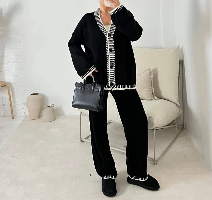 Women Two-piece Set 2024 Winter Casual Loose Knitted Contrast Paneled Single Breasted Long Sleeve Sweater Cardigan and Pants Set