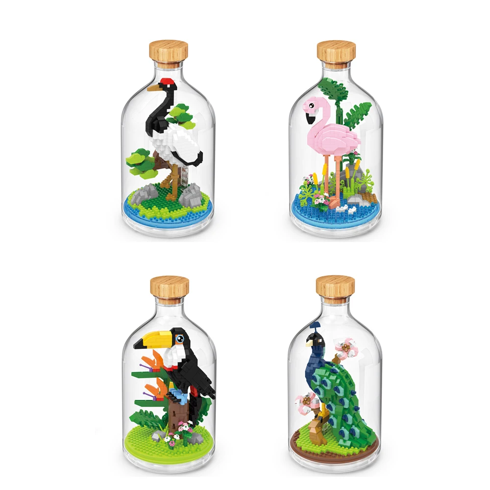 

Idea Birds In A Bottle Micro Diamond Block Grus Japonensis Flamingo Toucan Peacock Construction Brick Model Toys Nanobricks