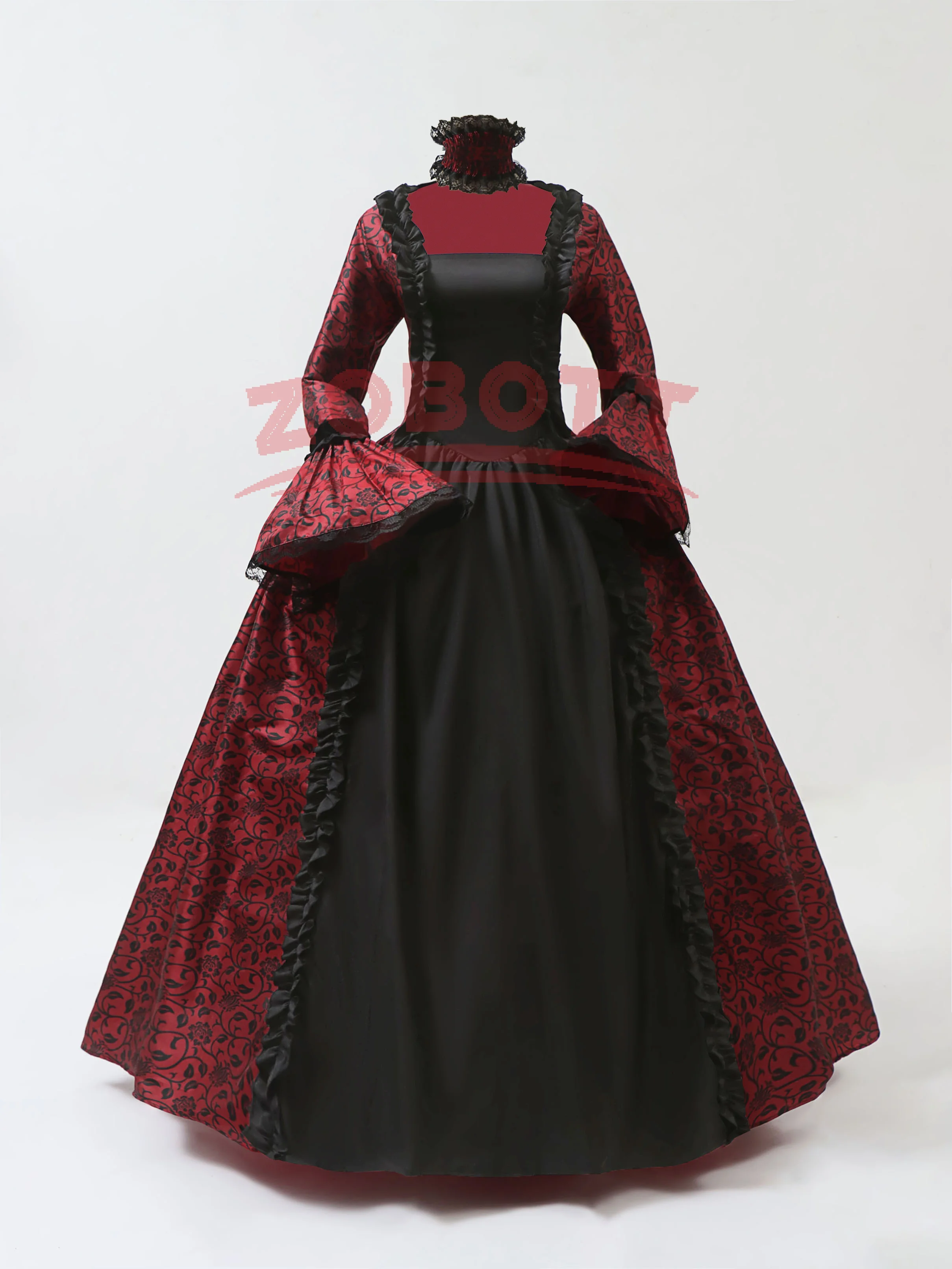 Damen Vintage Mittelalter Gothic Square Neck Flare Sleeve Spitze Patchwork Maxikleid, figurbetontes Kleid