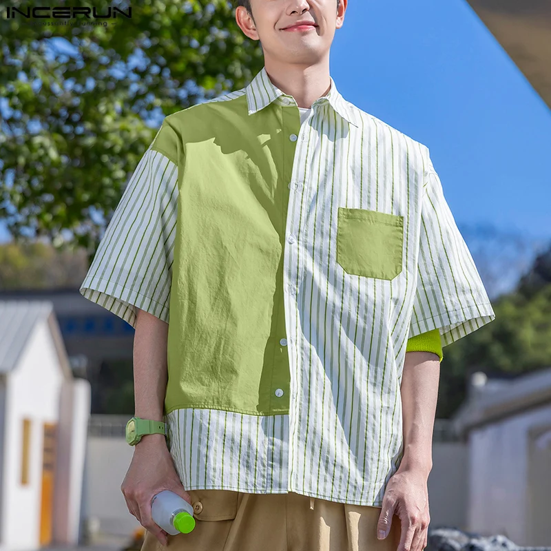 INCERUN Men Shirt Striped Patchwork Lapel Short Sleeve Casual Men Clothing Summer Loose Streetwear Fashion Male Tops Shirts