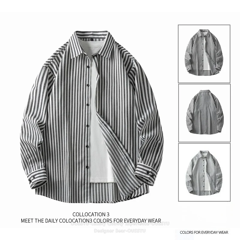 

Men's Striped Shirt Style Casual Long Sleeve Outerwear for Autumn 2026 New Fashion Youth Streetwear Loose Fit Button Up Top