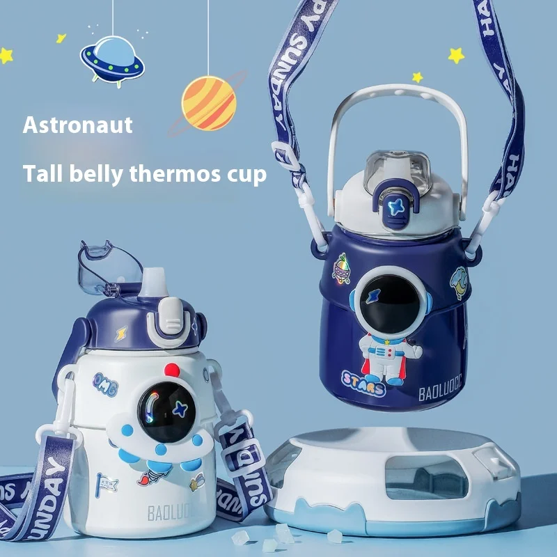 Cartoon thermos mug for children elementary school students straw thermos water cup female large capacity cute stainless steel