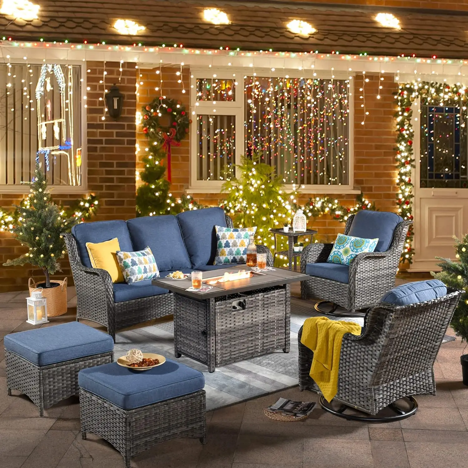 

50,000 BTU Rectangular Propane Fire Pit Table 7-Piece High-Back Conversation Sofa and Matching Side Table,Grey Rattan Denim Blue