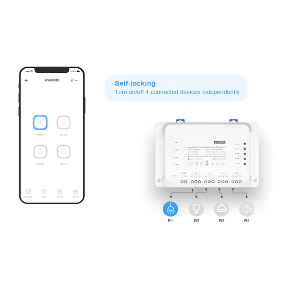 4CH PRO R3 Smart-Switch With Three Configurable Operating Modes 8 Single/repeat/countdown Timers 433Hz RF Remote Control Voice