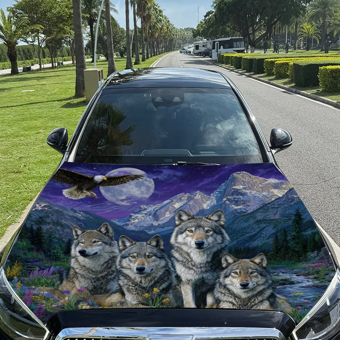 Magnificent Wolf, Eagle and Mountain Pattern car hood stickers, waterproof self-adhesive, scratch resistant, easy to stick, dura
