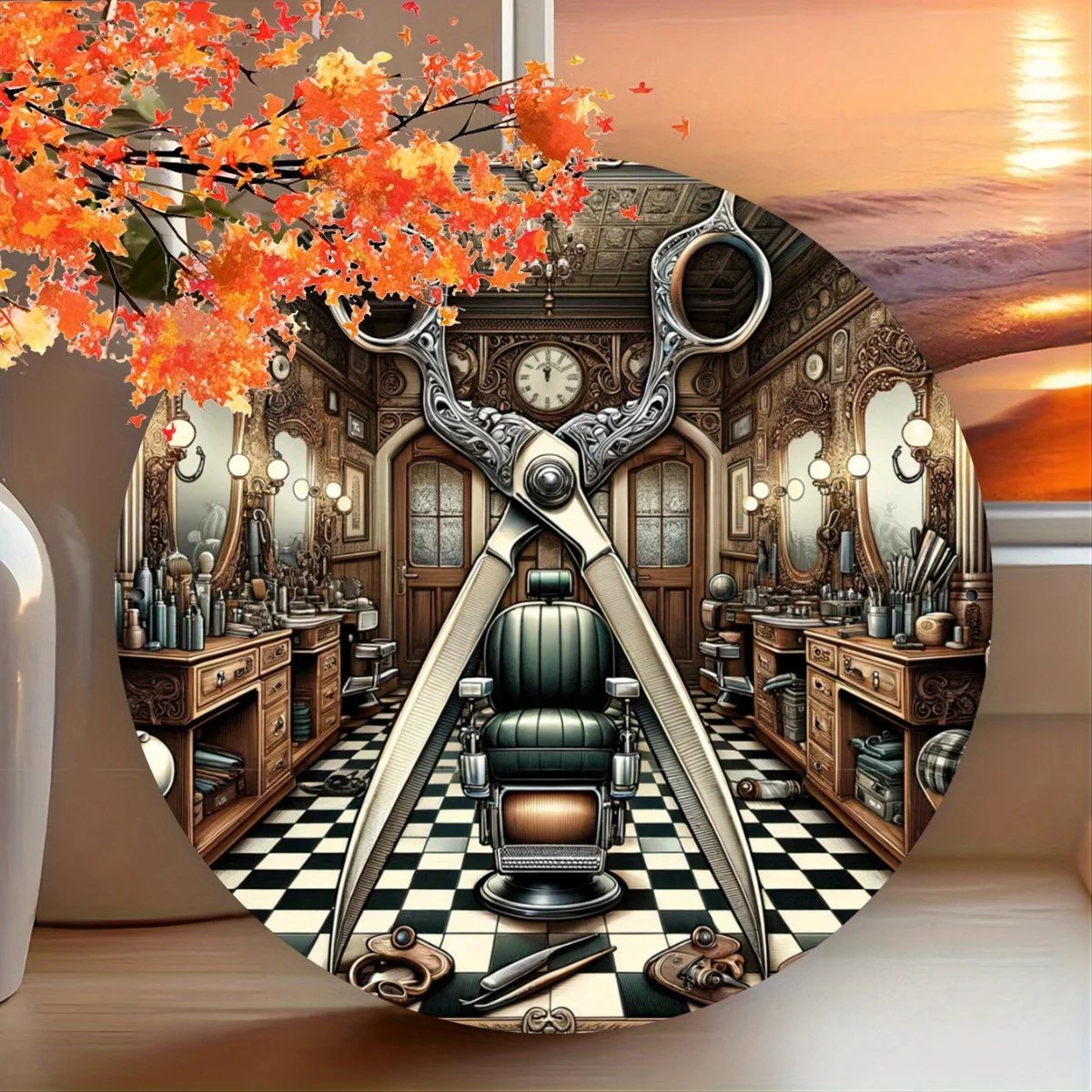 2D Flat, 1pc Barber Shop Wall Decor - Hairdresser-Themed Metal Sign with Scissors, Comb & Barber Pole Design - 8x8 Inch Round Ir