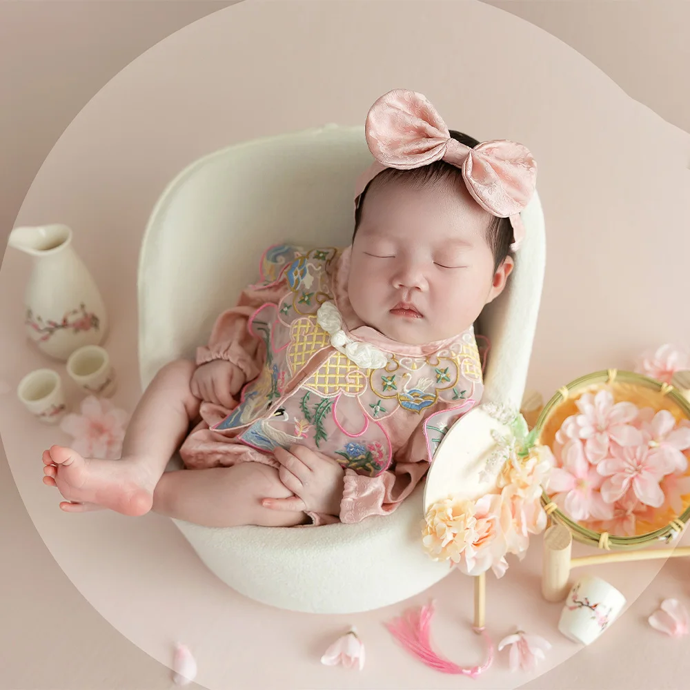 Baby Girl Newborn Photoshoot Outfits Pretty Chinese Elements Style Photography Clothing Bow Tiara Ethnic Style Flower Headdress