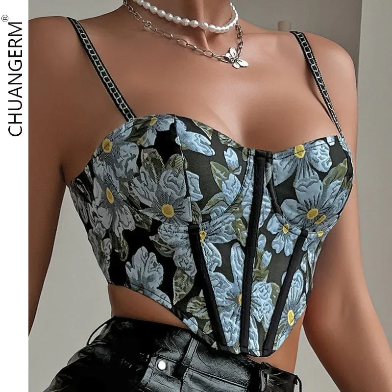 

CHUANGERM Sexy Corset Vintage Floral Printed Spaghetti Strap Sleeveless V-neck Backless Bandage Push Up Bustier Lingerie Tops