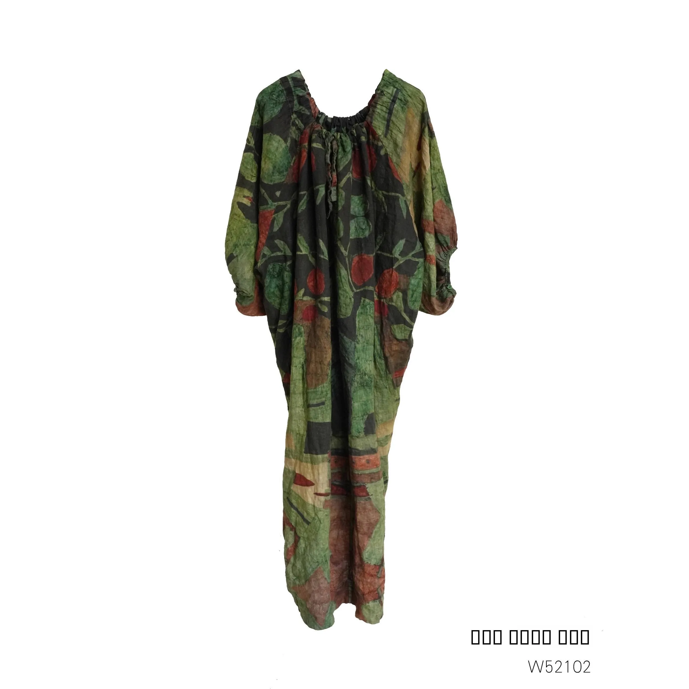 

PengPengHome W5202 Artistic Linen Print Long Dr Robe Ele Simple Sle Spring Summer Autumn Thin Medium Sve round Ne