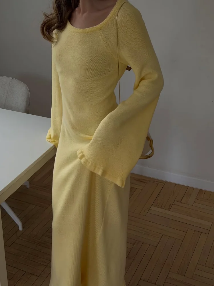 Light Yellow Ribbed Knit Dress Crew Neck Flare Long Sleeve Open Back Tie Mermaid Maxi Dress 2026 Daily Casual Vacation Outfit