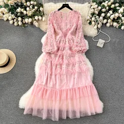 Autumn Runway Holiday Gorgeous Embroidery Mesh Tulle Print Evening Cake Dress For Women V-Neck Long Lantern Sleeve Party Vestido