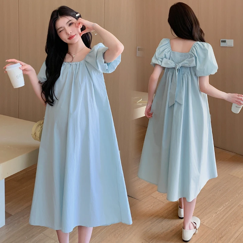 

Back Bow Y2k Youth Pregnancy Women Dress Elegant Summer Chinese Style Loose Straight for Pregnant Sweet Maternity Baby Shower