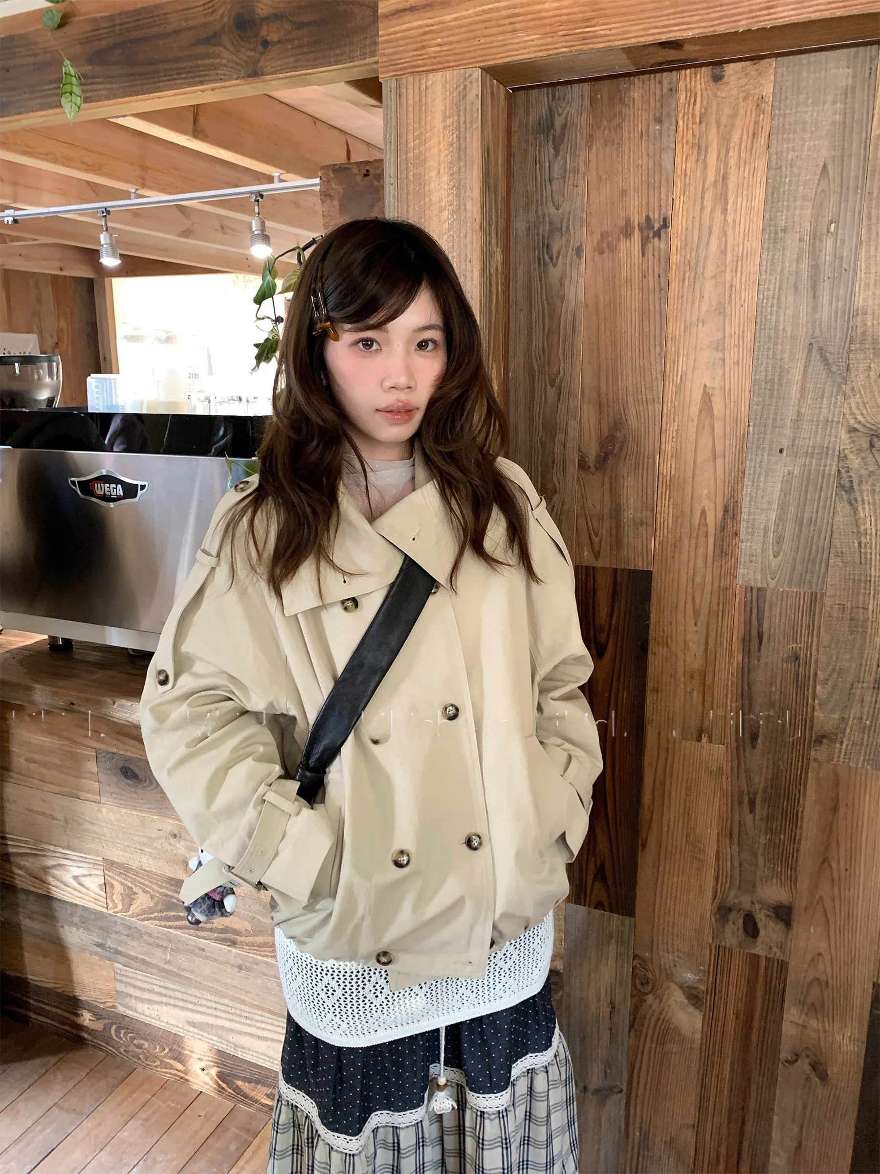 

Sweet Fem Lead ort Coat Jaet Korean Sle Tailored Double Breasted Long Sve Cotton Linen Blend Spring Faion