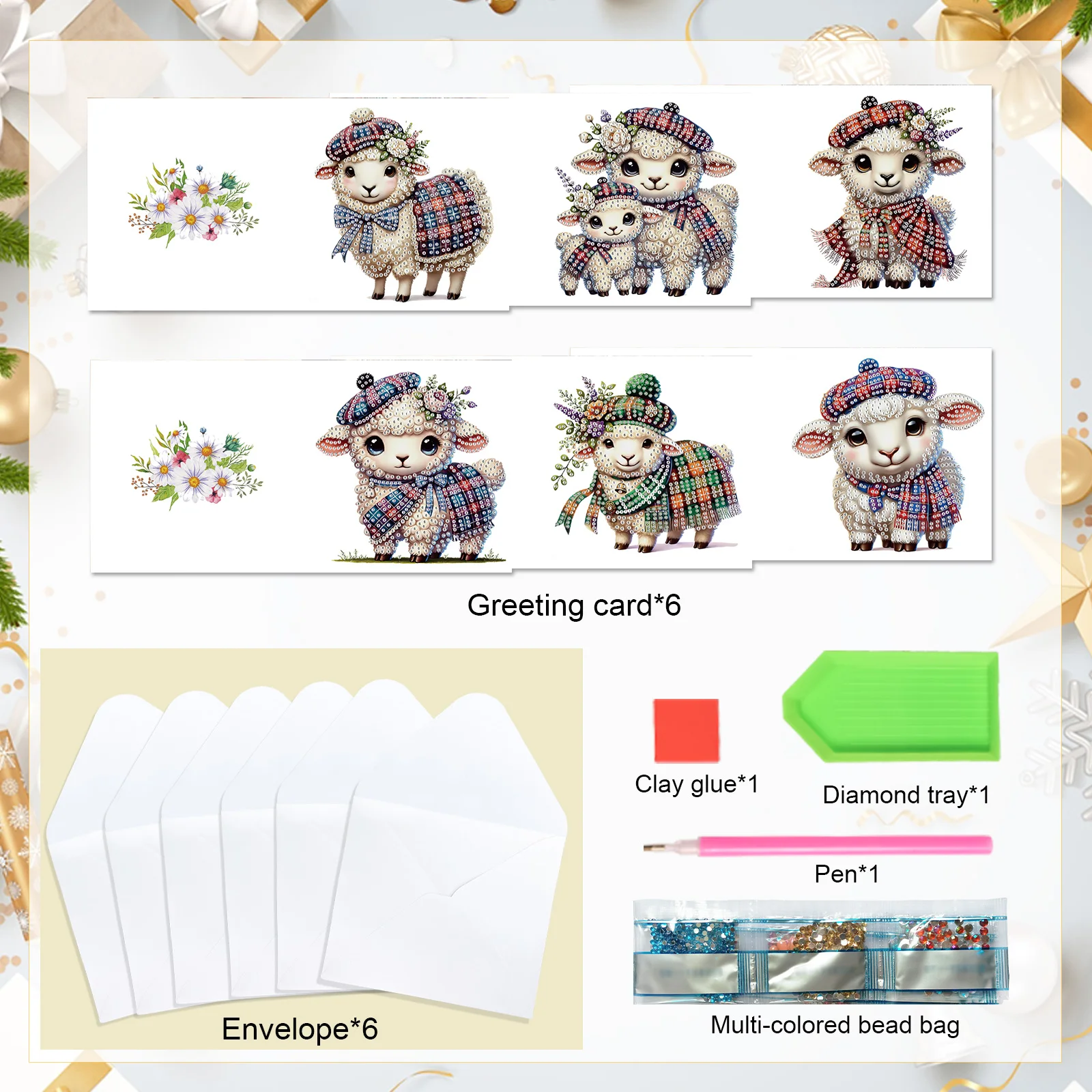 مجموعة بطاقات تهنئة ماسية مكونة من 6 قطع، يمكنك صنعها بنفسك على شكل خروف لطيف مصنوع يدويًا لمهرجان تحية الماس الفني بطاقات إبداعية لأعياد الميلاد