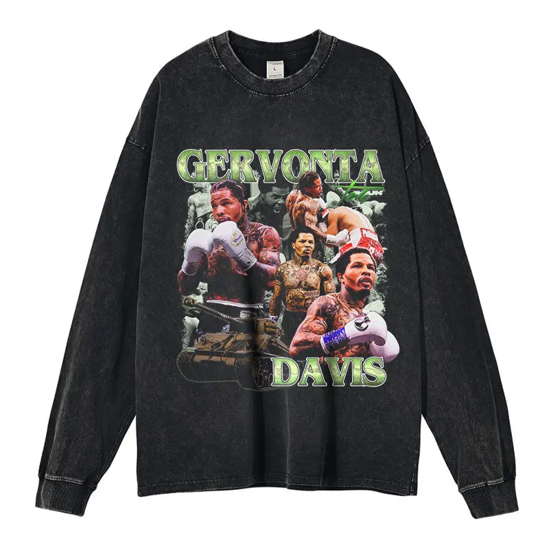 Tank Gervonta Davis Long Sleeve T-shirt Vintage Washed Boxing Sweatshirts Pullover DTG Printing Oversized Tops Tees Men Cotton