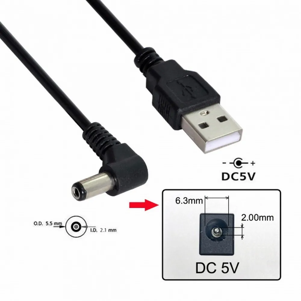 USB ประเภท2.0-ตัวผู้ไปทางขวาที่ทำมุม90องศา5.5x2.1มม. DC 5V ปลั๊กไฟเชื่อมต่อบาร์เรลสายชาร์จ