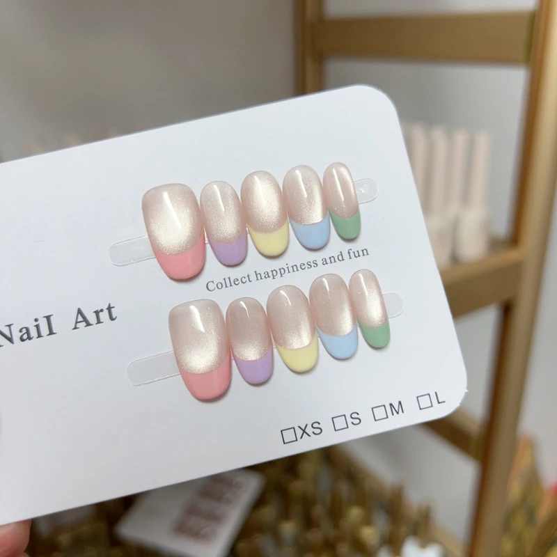 

10pcs/bag White Colorful French Design Cat Magnetic Handmade Press On Nails M/S Size Short Oval Full Cover False Nails Tips