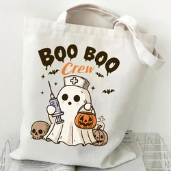 Women's Handbags Spooky Ghost Halloween Gift Canvas Shopping Bag Pumpkin Cute Ghost Halloween Tote Bags Retro Skeleton Handbags