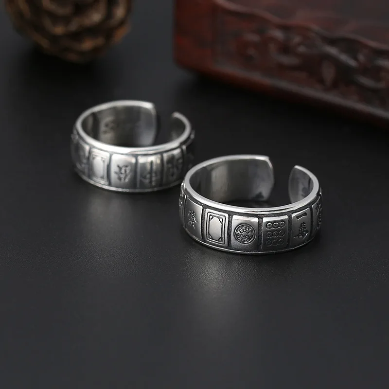 s925 sterling silver thai silver fashionable stylish ring mahjong thirteen branches male and female couple open ring jewelry