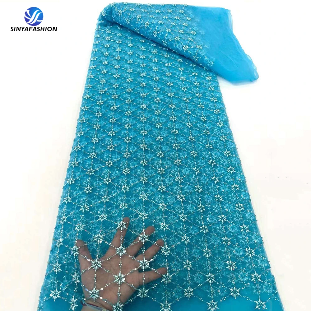 

Sinya Blue Full Beads Sequins African French Nigerian Tulle Lace Fabric High Quality Heavy Handmade Beaded Lace Fabric Luxury